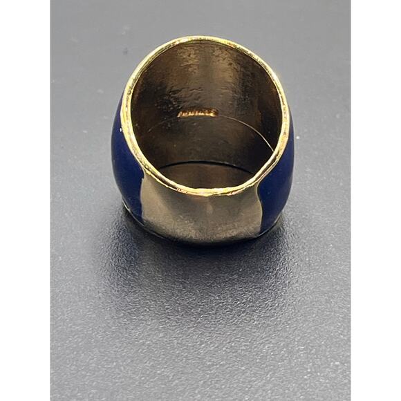 Designer Signed Wide Chunky Navy Blue Enamel Gold Tone Ring Sz 7 3/4 - Picture 5 of 8